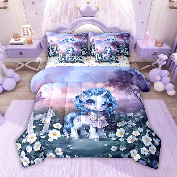 Manfei Cartoon Unicorn Bed in a Bag Twin size, Dreamy Animal Bed Set, Rustic Floral Reversible Bedding Twin Size, Microfiber Bedroom Decoration, 7pcs