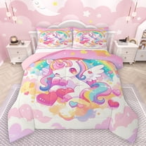 Manfei Cartoon Unicorn Bedding Comforter Set 2pcs for Kids Children,Kawaii Colorful Rainbow Twin Comforter Sets Microfiber,Cute Love Heart Breathable Bedding Set,Ultra Soft Home Decor,Reversible
