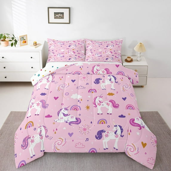 Manfei Cartoon Unicorn Bedding Comforter Set,Magic Animal Twin Comforter Sets,Rainbow Fireworks Bedding Set For Girl,Ultra Soft Home Decor Reversible,2pcs