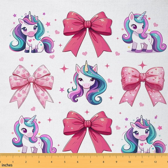 Manfei Cartoon Unicorn Fabric by the Yard (1 Yard), Girly Pink Bowtie Decorative Fabric by the Yard, Magic Animal Sewing & Crafting Fabric, Luxury Living Room Decoration