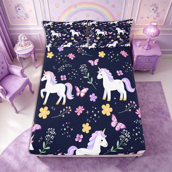Manfei Cartoon Unicorn Fitted Sheet Full 3 Pieces,Cute Floral Butterfly Bed Set,1 Fitted Sheet and 2 Pillowcases