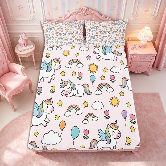 Manfei Cartoon Unicorn Fitted Sheet Full 3 Pieces,Cute Rainbow Flowers Bed Set,1 Fitted Sheet and 2 Pillowcases