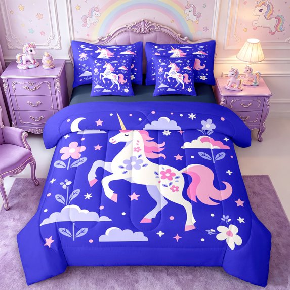 Manfei Cartoon Unicorn Flowers Queen Bedding 7pcs,Cute Stars Moon Bedding Comforter Set Queen,Reversible