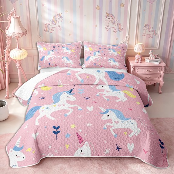 Manfei Cartoon Unicorn Flowers Twin Quilt Set 2 Pieces,Cute Animal Twin Coverlet Set,1 Bedspread and 1 Pillowcase
