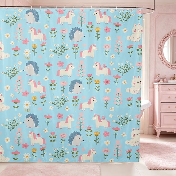 Manfei Cartoon Unicorn Hedgehog Shower Curtain 72Wx78L,Cute Flowers Animal Bath Curtain