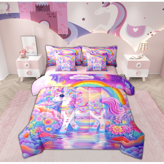 Manfei Cartoon Unicorn Kids Twin Bedding Sets 7-Piece, Dreamy Castle Rainbow Bedding Comforter Set, Colorful Groovy Flower Reversible Sheet Sets, Lightweight Room Decor