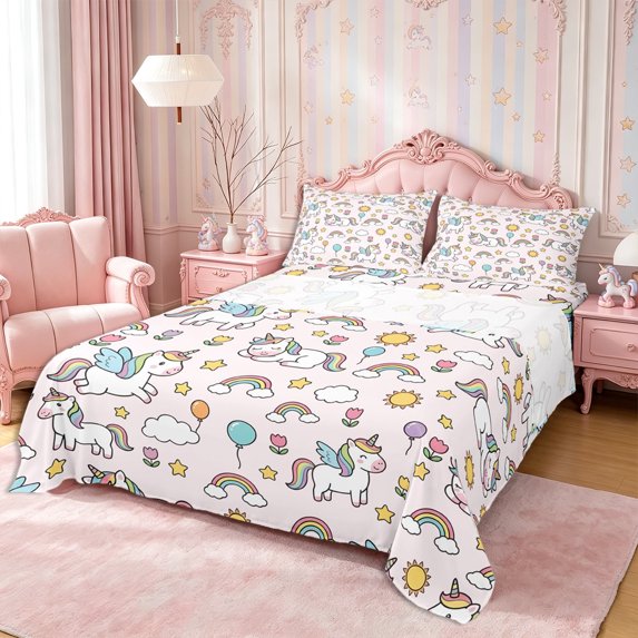 Manfei Cartoon Unicorn King Sheets 4pcs,Cute Rainbow Flowers Bedding,1 Flat Sheet,1 Fitted Sheet and 2 Pillowcases