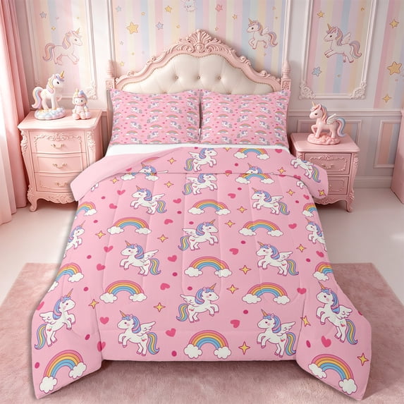 Manfei Cartoon Unicorn King Size Comforter Sets 3pcs,Cute Stars Rainbow Comforters King Size,1 Comforter and 2 Pillowcases,Reversible