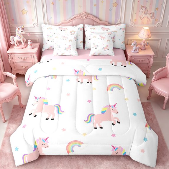 Manfei Cartoon Unicorn Queen Bedding 7pcs,Cute Stars Rainbow Bedding Comforter Set Queen,Reversible