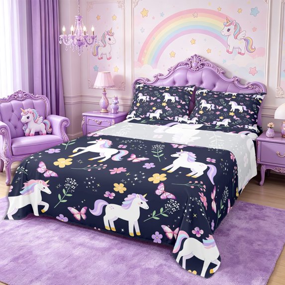 Manfei Cartoon Unicorn Queen Sheets 4 Pieces,Cute Floral Butterfly Queen Sheet Sets,1 Flat Sheet,1 Fitted Sheet and 2 Pillowcases