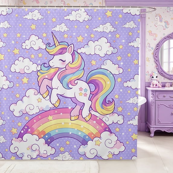 Manfei Cartoon Unicorn Rainbow Shower Curtain 72Wx72L,Cute Stars Polka Dots Bathroom Curtain