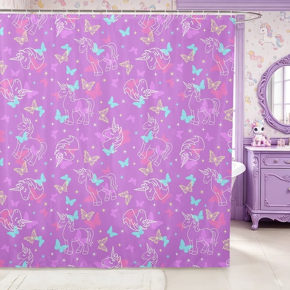 Manfei Cartoon Unicorn Shower Curtain 72Wx78L,Cute Butterflies Bath Curtain