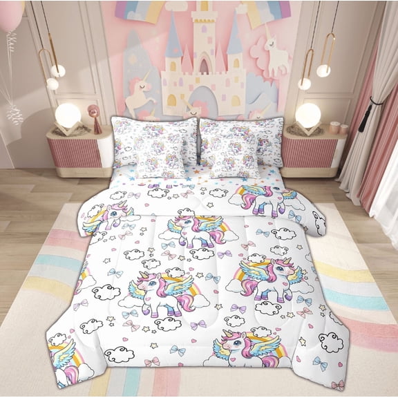 Feelyou Cartoon Unicorn Twin Bedding Sets 7-Piece, Cloud Bow-tie Bedding Comforter Set, Teenager Boys Girls Sheet Sets, Breathable Room Decor