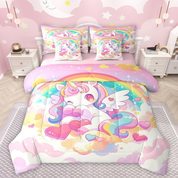 Manfei Cartoon Unicorn Twin Bedding Sets 7-Piece for Kids Children,Kawaii Colorful Rainbow Bedding Comforter Set Microfiber,Cute Love Heart Breathable Sheet Sets,Ultra Soft Home Decor,Reversible