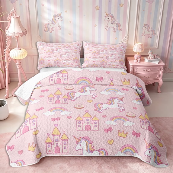 Manfei Cartoon Unicorn Twin Quilt Set 2 Pieces,Cute Princess Castle Twin Coverlet Set,1 Bedspread and 1 Pillowcase