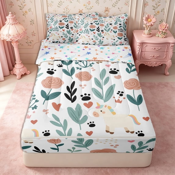 Service Spring Sheet Manfei Cartoon Unicorn Zipper Queen Comforter Set with Fitted Sheet and ...