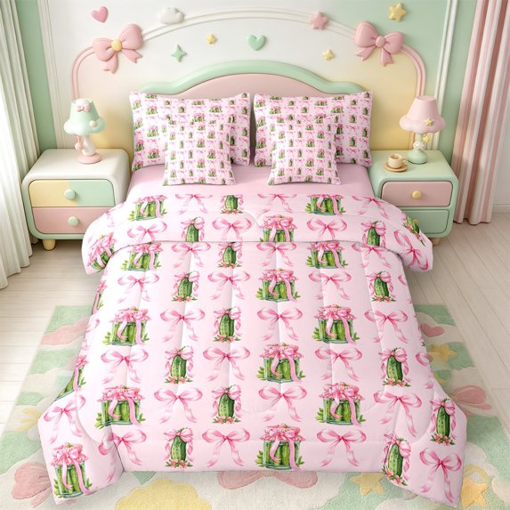 Manfei Cartoon Vegetable Pattern 7pcs Queen Bedding,Pink Bowknot Print Bedding Comforter Set Queen,Pink Reversible