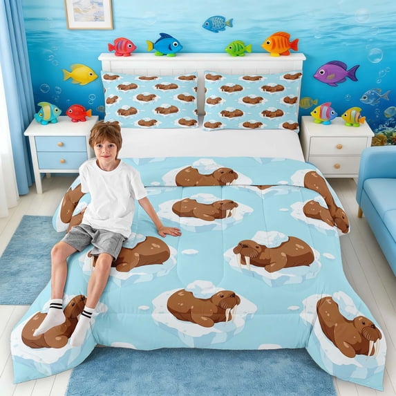 Manfei Cartoon Walrus Queen Comforter Set for Kids Boys and Girls, Arctic Wildlife Bedding Comforter Set, Stars Reversible 3-Piece, 1 Comforter and 2 Pillowcases