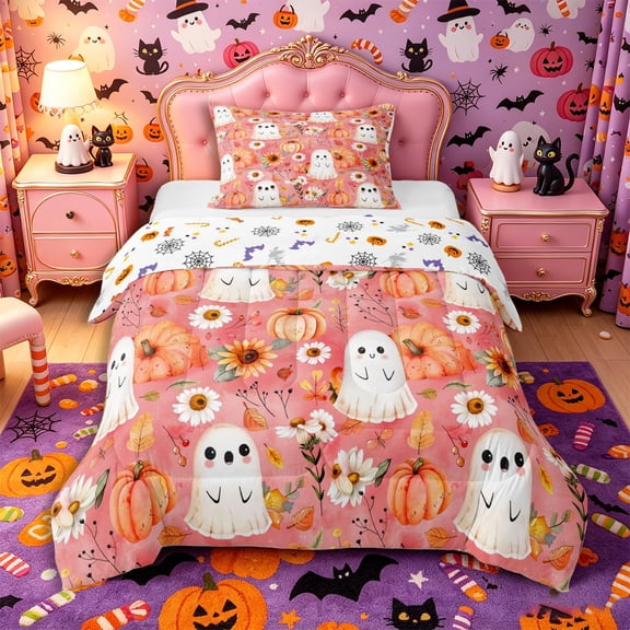 Manfei Cartoon Watercolor Ghost Pumpkin Twin Comforter Sets 2pcs, Halloween Fall Sunflower Daisy Bedding Set, Pink Orange White,Reversible,1 Comforter and 1 Pillowcase