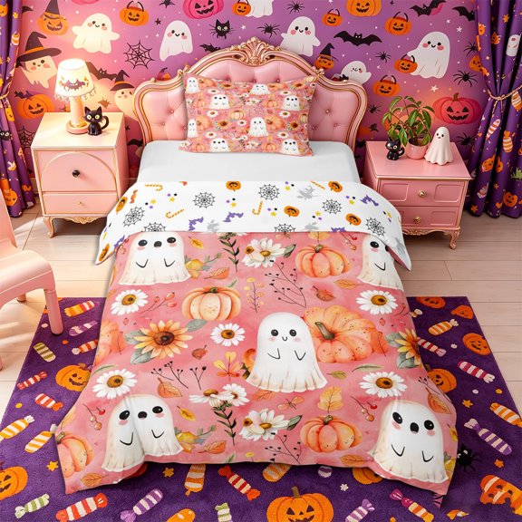 Manfei Cartoon Watercolor Ghost Pumpkin Twin Duvet Cover, Halloween Fall Sunflower Daisy Twin Bedding, Pink Orange White,Reversible,1 Duvet Cover and 1 Pillowcase,2pcs,No Comforter
