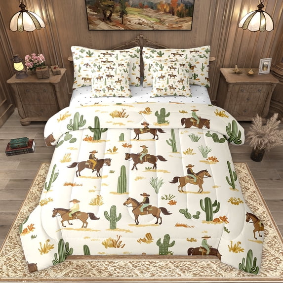 Homewish Cartoon Western Cowboy Twin Bedding Sets 7-Piece for Kids, Rustic Horse Animal Bedding Comforter Set, Cactus Plant Reversible Sheet Sets, Lightweight Room Decor