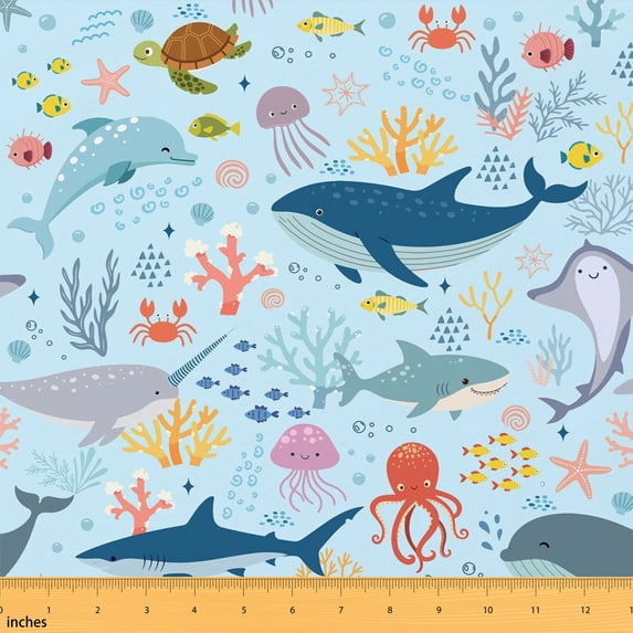 Manfei Cartoon Whale Fabric by the Yard 5 Yards, Ocean Wildlife Fabric for Sewing, Light Blue
