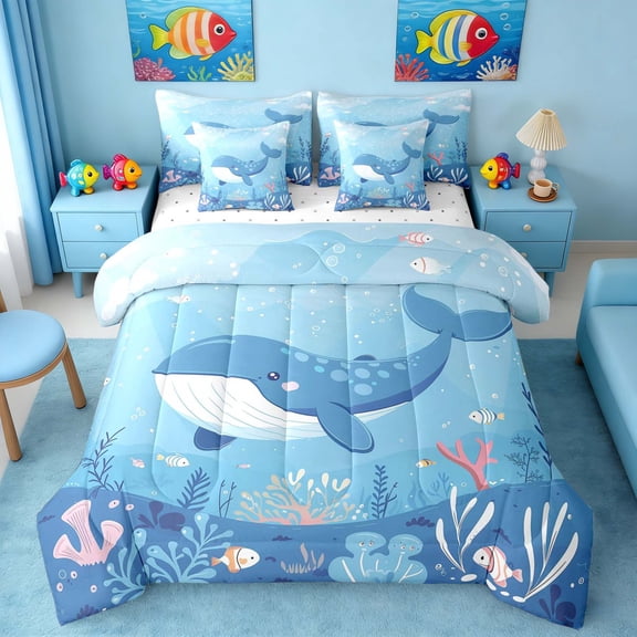 Manfei Cartoon Whale Fish Coral Twin Bedding Sets for Kids Boys and Girls, Funny Underwater World Bedding Comforter Set, Reversible 7-Piece