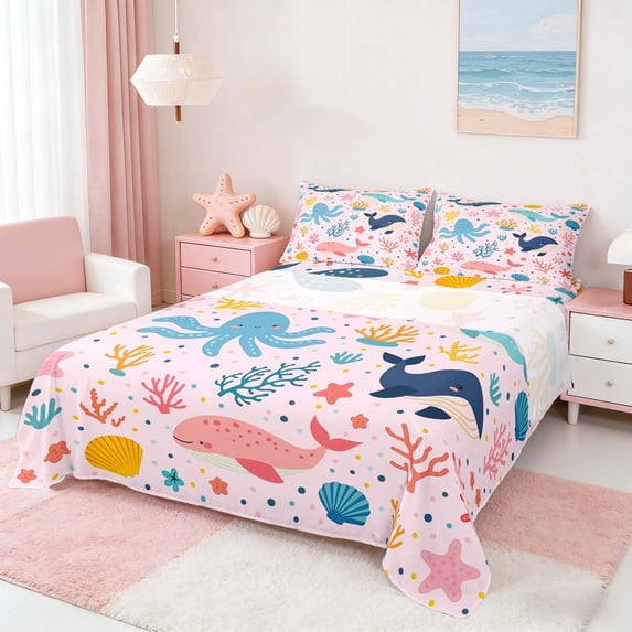Manfei Cartoon Whale Octopus Coral Starfish Full Size Sheets for Girls, Marine Animal Print Bed Sheets 4-Piece, 1 Flat Sheet, 1 Fitted Sheet and 2 Pillowcases