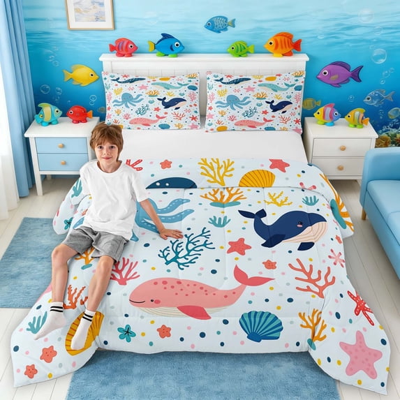 Manfei Cartoon Whale Octopus Coral Starfish Queen Comforter Set for Boys and Girls, Marine Animal Print Bedding Comforter Set, Polka Dots Reversible 3pcs, 1 Comforter and 2 Pillowcases