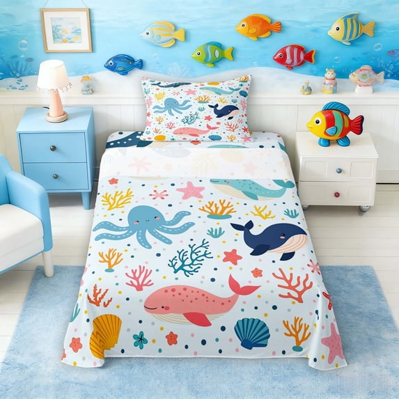 Manfei Cartoon Whale Octopus Coral Starfish Twin Sheet Sets for Boys and Girls, Marine Animal Print Bedding 3pcs, 1 Flat Sheet, 1 Fitted Sheet and 1 Pillowcase