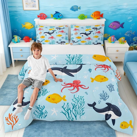 Manfei Cartoon Whale Octopus Fish Queen Comforter Set for Kids Boys and Girls, Sea Wildlife Bedding Comforter Set, Stars Reversible 3 Pieces, 1 Comforter and 2 Pillowcases