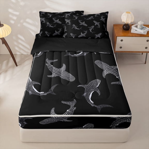 Manfei Cartoon Whale Shark Zipper Twin Comforter Sets with Fitted Sheet and 2 Pillowcases for Kids Boys and Girls, Nautical Marine Print Zipper Bedding Set, Black Reversible, 4 Pieces