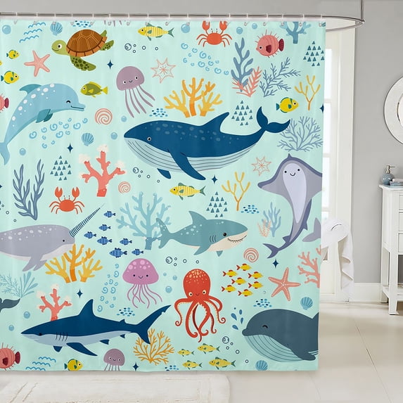 Manfei Cartoon Whale Shower Curtain 72Wx78L, Kawaii Fish Sealife Bath Curtain, Light Cyan