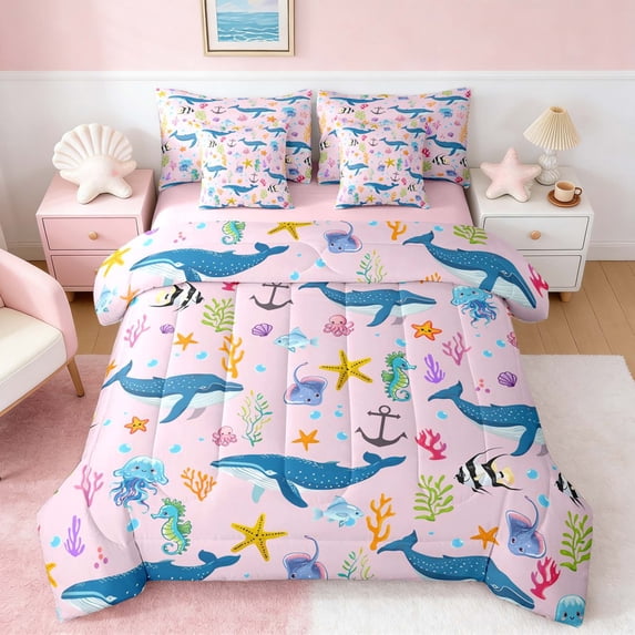 Manfei Cartoon Whale Starfish Jellyfish Bedding Comforter Set for Girls, Pink Nautical Print Full Bedding Set, Pink Reversible 7pcs