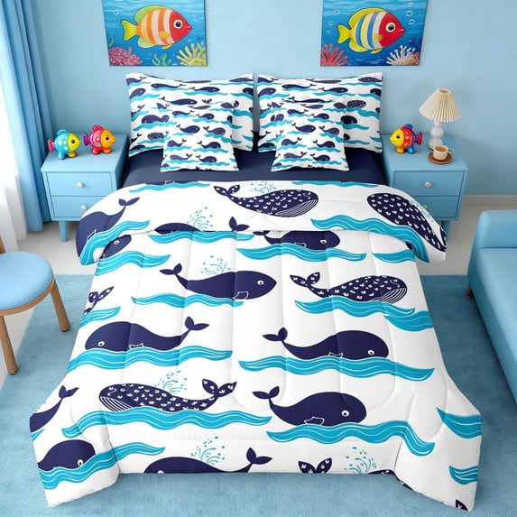 Manfei Cartoon Whale Twin Bedding Sets for Kids Boys and Girls, Sea Animal Bedding Comforter Set, Navy Reversible 7pcs