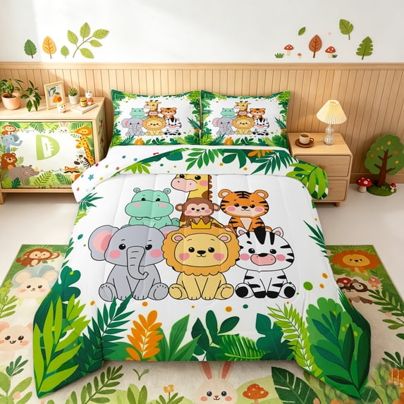 Manfei Cartoon Wildlife Party Full Size Comforter Sets, Kawaii Lion Elephant Bedding Comforter Set, White Green, Polkadot Reversible, 3 Pieces, 1 Comforter and 2 Pillowcases