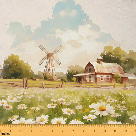 Manfei Cartoon Windmill Log Fabric by the Yard (5 Yards) for Kids, Botanical Blossoms Grass Decorative Fabric by the Yard, Japanese Anime Style Sewing & Crafting Fabric