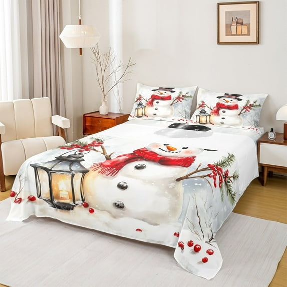 Manfei Cartoon Winter Snowman Bed Sheets, Merry Christmas King Sheets, Teens Kids Boys Girls Sheet Set, Breathable Home Decor, 4-Piece
