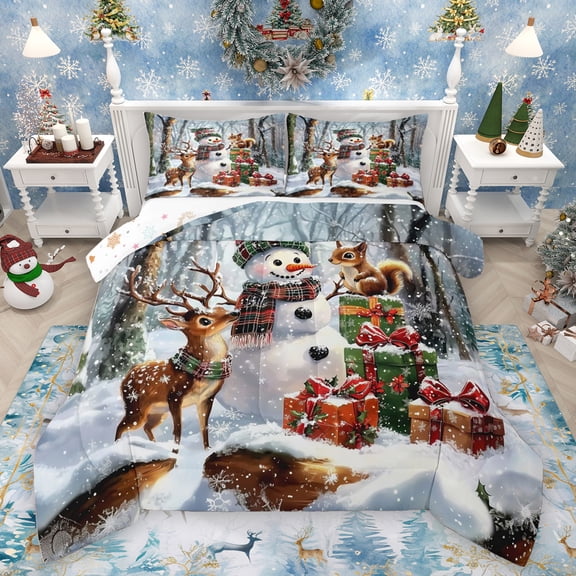 Homewish Cartoon Winter Snowman Queen Comforter Set, Jungle Reindeer Animal Bedding Sets, Christmas Festival Reversible Bedding Comforter Set, Breathable Home Decor, 3pcs