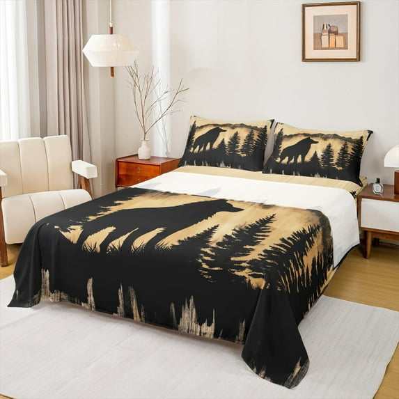 Manfei Cartoon Wolf Print Queen Sheet Sets for Teen, Rustic Farmhouse Flat Sheet, Jungle Wildlife Queen Fitted Sheet, Ultra Soft Home Decor, 4pcs