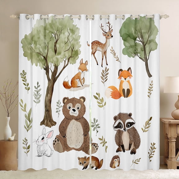 Manfei Cartoon Woodland Animal Blackout Curtains Set of 2 (52x84 Each) for Kids Boys Girls, Bear Raccoon Fox Window Curtains, Rabbit Deer Hedgehog Curtains and Drapes, Lightweight Bedroom Decor
