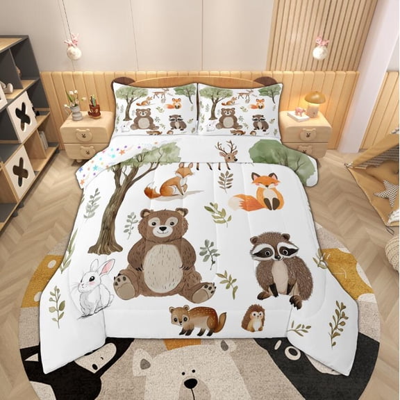 Manfei Cartoon Woodland Animal Queen Comforter Set for Kids Boys Girls, Bear Raccoon Fox Bedding Sets, Rabbit Deer Hedgehog Bedding Comforter Set, Lightweight Bedroom Decor, Reversible 3pcs