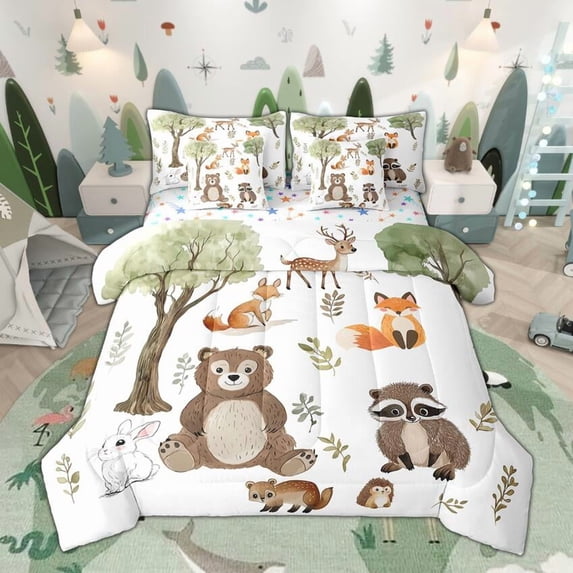 Manfei Cartoon Woodland Animal Twin Bedding Sets 7-Piece for Kids Boys Girls, Bear Raccoon Fox Bedding Comforter Set, Rabbit Deer Hedgehog Sheet Sets, Lightweight Bedroom Decor