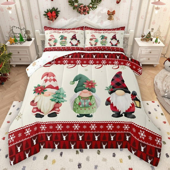 Manfei Cartoon Xmas Gnome Full Size Comforter Sets,Merry Christmas Bedding Comforter Set,Wild Deer Skull Bedding Sets For Girl Boys,Ultra Soft Home Decor Reversible,3 Pieces