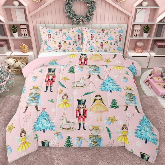 Manfei Cartoon Xmas Nutcracker Bedding Comforter Set for Kids, Princess Fairy Elf Twin Comforter Sets, Cute Christmas Tree Reversible Bedding Set, Microfiber Bedroom Decor, 2 Pieces