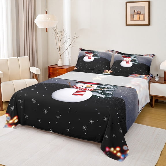 Manfei Cartoon Xmas Snowman 4-Piece Full Size Sheets for Teens Female Men,Merry Christmas Bed Sheets,Happy New Year Lightweight Sheet Sets,Breathable Home Decor