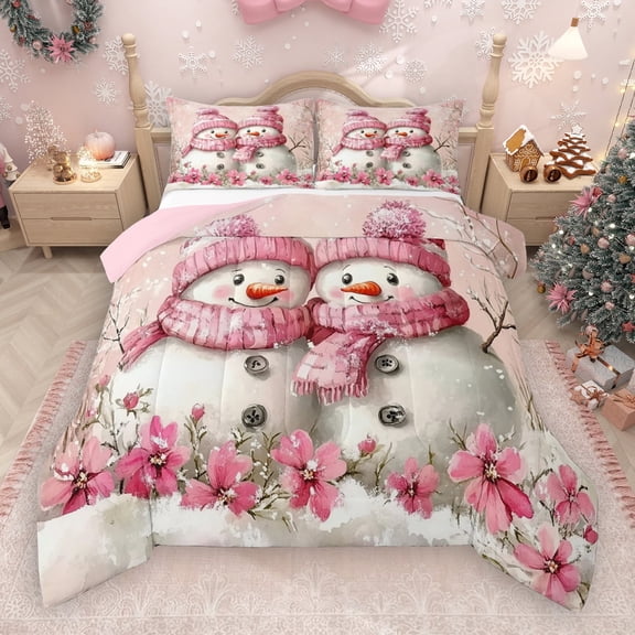 Manfei Cartoon Xmas Snowman Bedding Comforter Set,Graffiti Cherry Blossom Twin Comforter Sets,Pink White Bedding Set For Kids,Super Cozy Room Decor Reversible,2-Piece