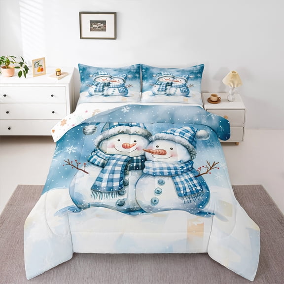 Manfei Cartoon Xmas Snowman Bedding Comforter Set,Happy New Year Twin Comforter Sets,White Blue Bedding Set For Kids,Super Cozy Room Decor Reversible,2 Pieces