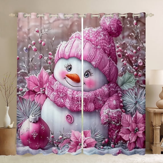 Manfei Cartoon Xmas Snowman Curtains Pack of 2 (42x84 Each),Rustic Christmas Floral Curtains Blackout,Pink White Bedroom Curtains For Kids,Super Cozy Room Decor