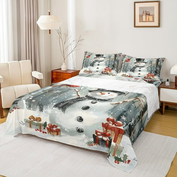 Manfei Cartoon Xmas Snowman Full Size Sheets,Christmas Cardinal Bird Bed Sheets,White Red Sheet Sets For Kids,Super Cozy Room Decor,4 Pieces